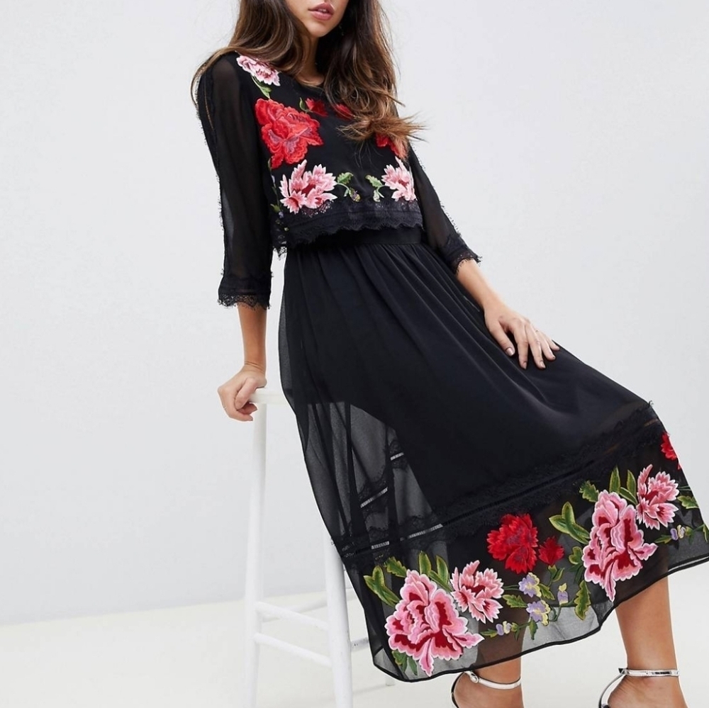 ASOS 8 Floral Embroidered Tea Length Midi  Dress